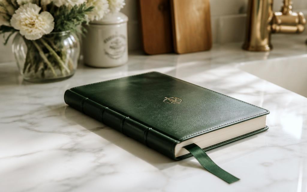Green leather journal with satin ribbon resting on a kitchen counter