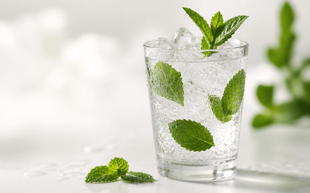 Chilled glass of water with mint leaves and condensation